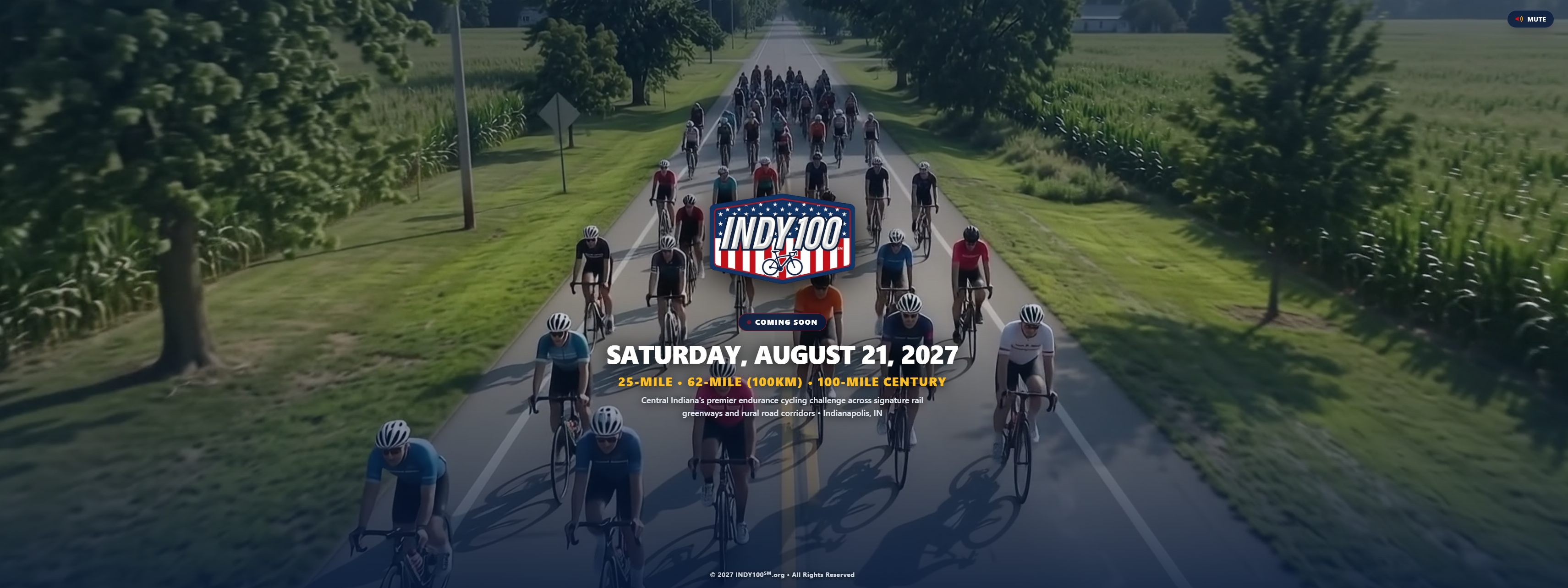INDY100 — Premier Cycling Challenge | Saturday, August 21, 2027. Featuring 25-Mile, 62-Mile (100km), and 100-Mile Century cycling routes across Central Indiana.